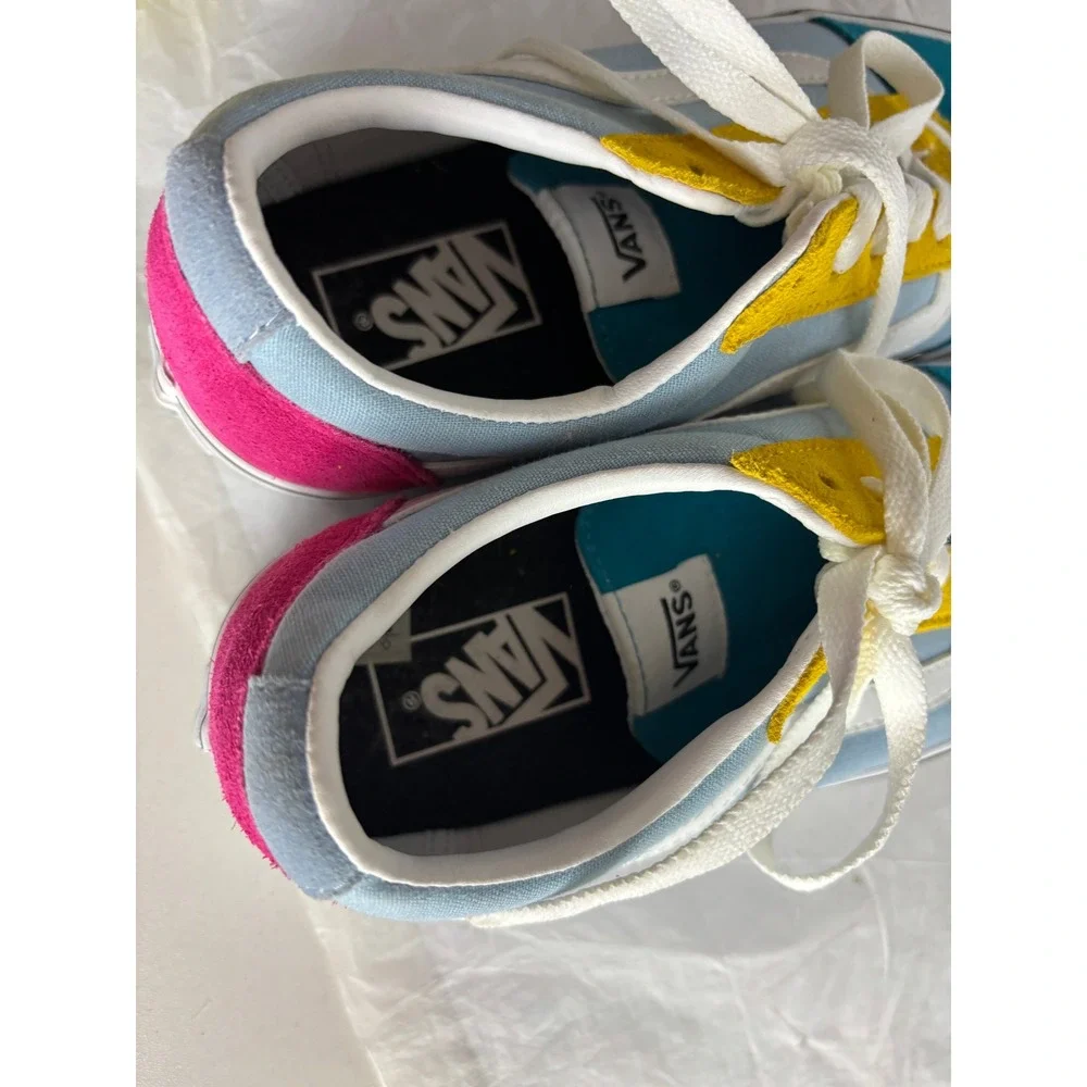 Vans Old Skool Teal Blue Yellow Pink Suede Canvas Sneakers Shoes Size 8.5